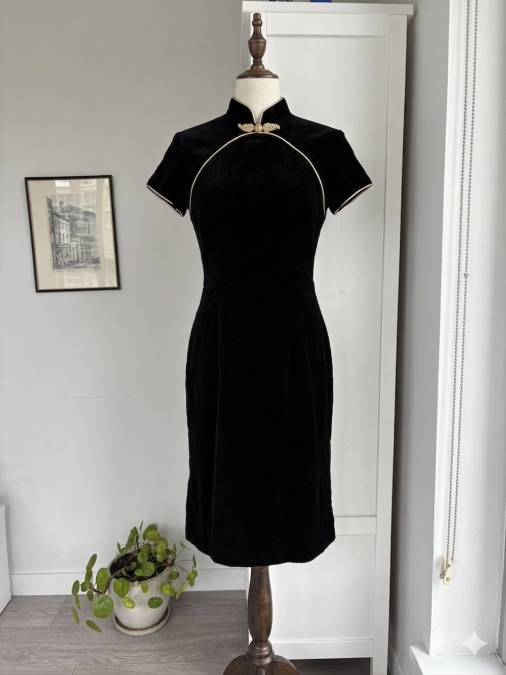 Vintage Alfred Shaheen Black Velveteen Cheongsam Dress with Gold Trim